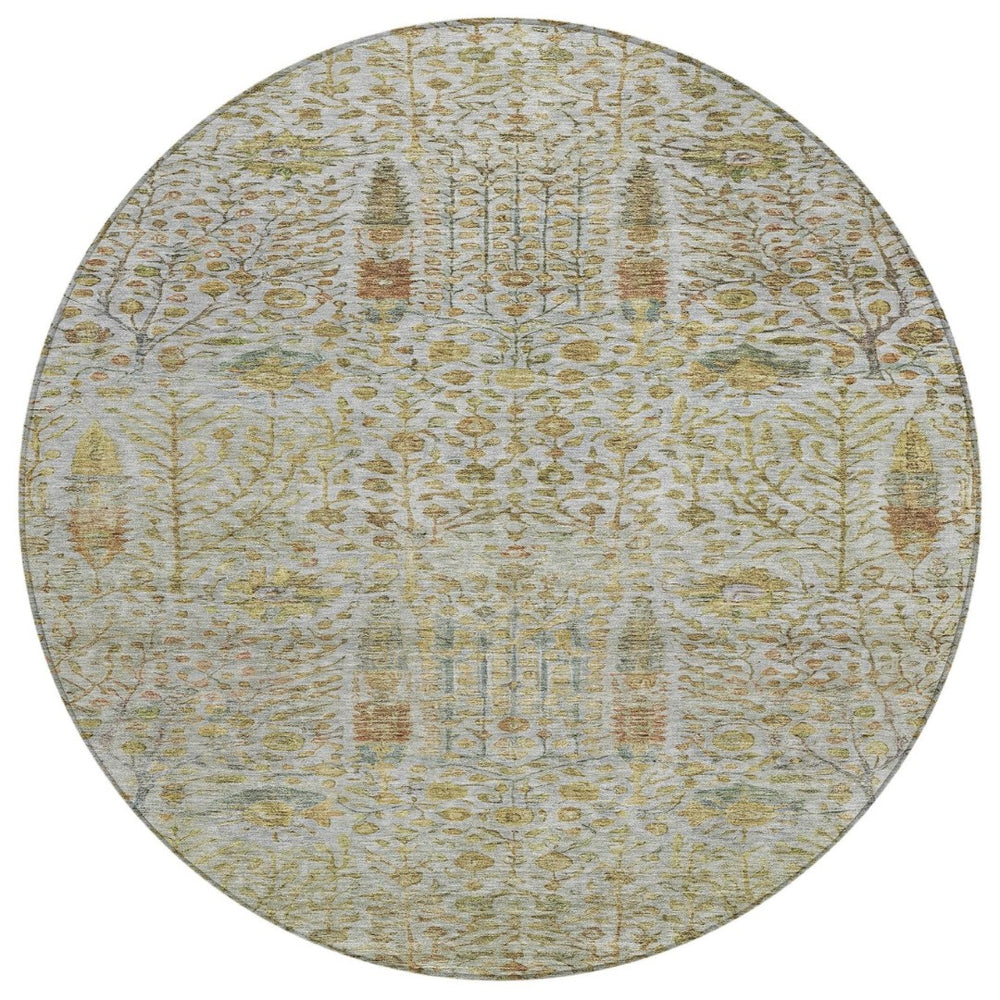 HomeRoots 8' Linen and Gold Round Floral Area Rug - Durable, Washable, Elegant Design for Indoor & Outdoor Use 630311
