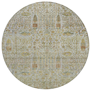 HomeRoots 8' Linen and Gold Round Floral Area Rug - Durable, Washable, Elegant Design for Indoor & Outdoor Use 630311