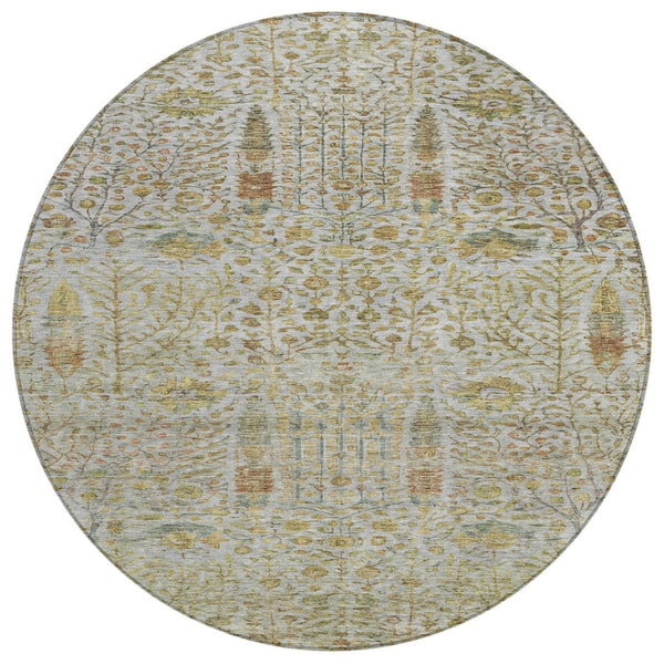 HomeRoots 8' Linen and Gold Round Floral Area Rug - Durable, Washable, Elegant Design for Indoor & Outdoor Use 630311