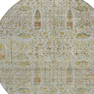 HomeRoots 8' Linen and Gold Round Floral Area Rug - Durable, Washable, Elegant Design for Indoor & Outdoor Use 630311
