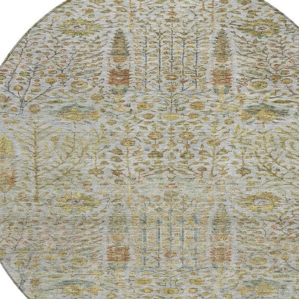 HomeRoots 8' Linen and Gold Round Floral Area Rug - Durable, Washable, Elegant Design for Indoor & Outdoor Use 630311