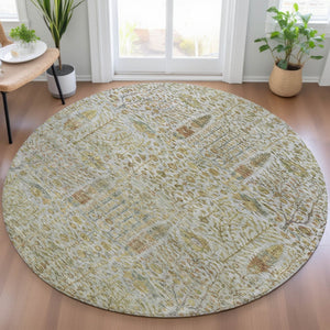 HomeRoots 8' Linen and Gold Round Floral Area Rug - Durable, Washable, Elegant Design for Indoor & Outdoor Use 630311