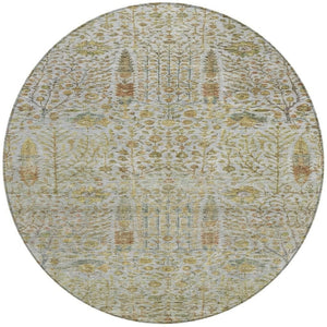 HomeRoots 8' Linen and Gold Round Floral Area Rug - Durable, Washable, Elegant Design for Indoor & Outdoor Use 630311