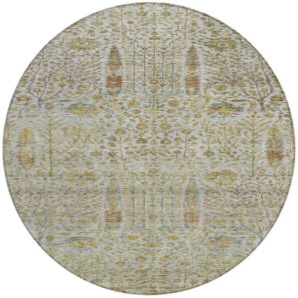 HomeRoots 8' Linen and Gold Round Floral Area Rug - Durable, Washable, Elegant Design for Indoor & Outdoor Use 630311