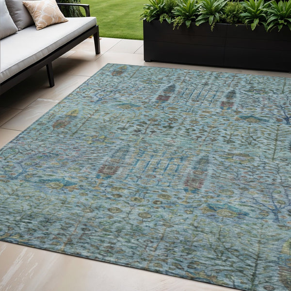 HomeRoots 5' Teal Blue & Aqua Floral Washable Area Rug – Durable Indoor/Outdoor Design for All Spaces 630316