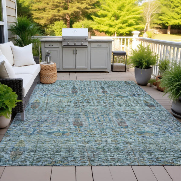 HomeRoots 5' Teal Blue & Aqua Floral Washable Area Rug – Durable Indoor/Outdoor Design for All Spaces 630316