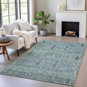 HomeRoots 5' Teal Blue & Aqua Floral Washable Area Rug – Durable Indoor/Outdoor Design for All Spaces 630316