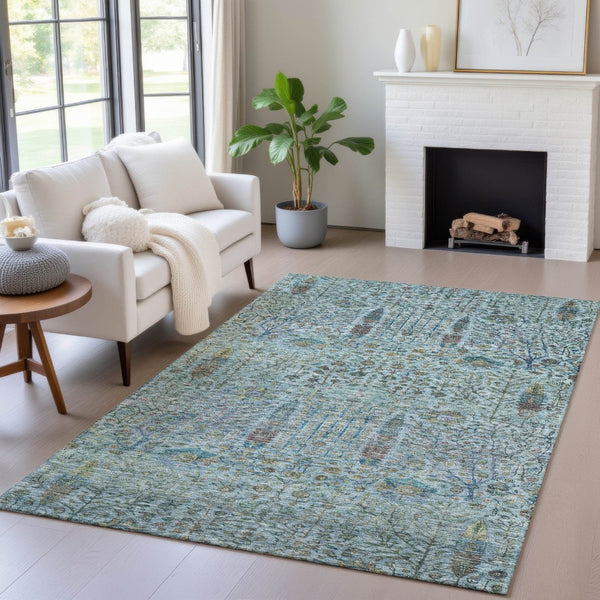HomeRoots 5' Teal Blue & Aqua Floral Washable Area Rug – Durable Indoor/Outdoor Design for All Spaces 630316
