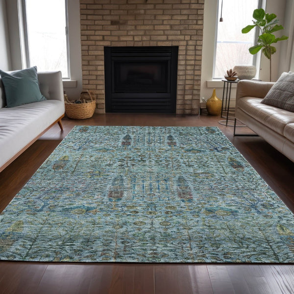 HomeRoots 5' Teal Blue & Aqua Floral Washable Area Rug – Durable Indoor/Outdoor Design for All Spaces 630316