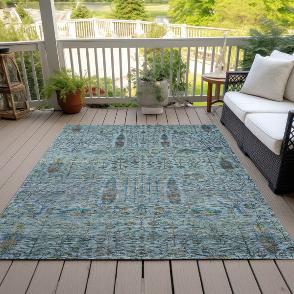 HomeRoots 5' Teal Blue & Aqua Floral Washable Area Rug – Durable Indoor/Outdoor Design for All Spaces 630316