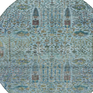 HomeRoots 8' Teal Blue Round Floral Area Rug – Durable, Washable, Indoor/Outdoor Design for Any Space 630317