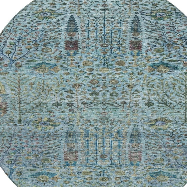 HomeRoots 8' Teal Blue Round Floral Area Rug – Durable, Washable, Indoor/Outdoor Design for Any Space 630317