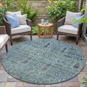 HomeRoots 8' Teal Blue Round Floral Area Rug – Durable, Washable, Indoor/Outdoor Design for Any Space 630317
