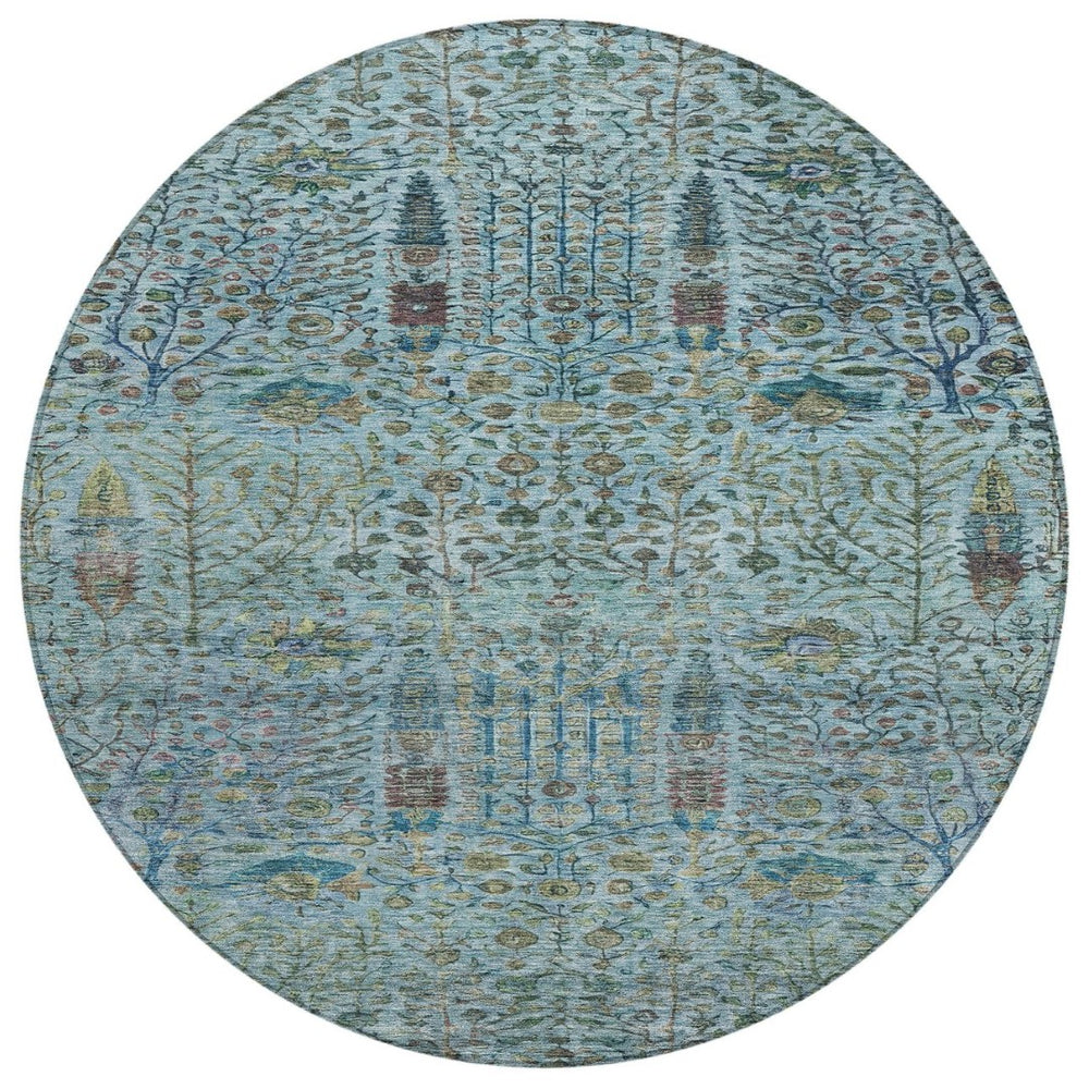 HomeRoots 8' Teal Blue Round Floral Area Rug – Durable, Washable, Indoor/Outdoor Design for Any Space 630317