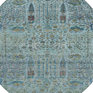 HomeRoots 8' Teal Blue Round Floral Area Rug – Durable, Washable, Indoor/Outdoor Design for Any Space 630317