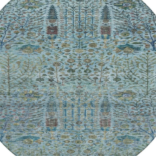 HomeRoots 8' Teal Blue Round Floral Area Rug – Durable, Washable, Indoor/Outdoor Design for Any Space 630317