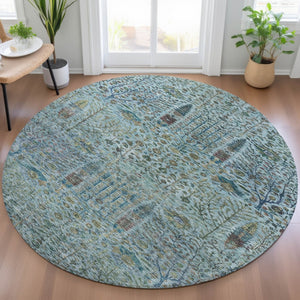 HomeRoots 8' Teal Blue Round Floral Area Rug – Durable, Washable, Indoor/Outdoor Design for Any Space 630317