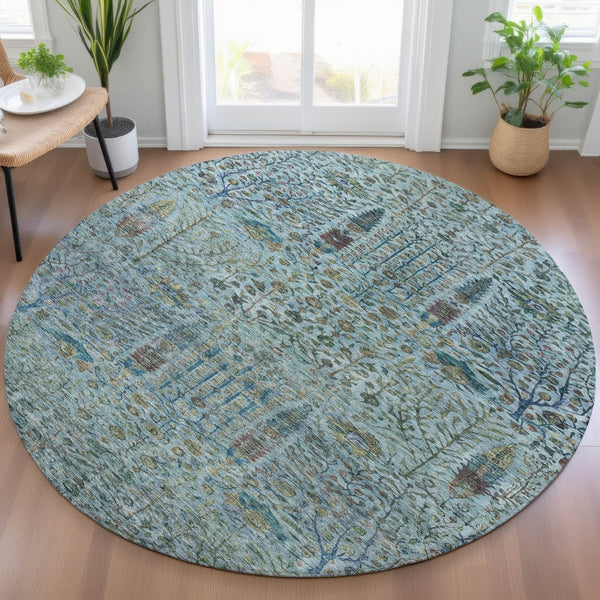 HomeRoots 8' Teal Blue Round Floral Area Rug – Durable, Washable, Indoor/Outdoor Design for Any Space 630317