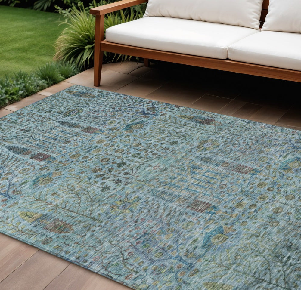HomeRoots 9' Teal Blue & Pale Aqua Floral Washable Area Rug - Durable, Stylish for Indoor & Outdoor Spaces! 630319