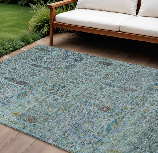 HomeRoots 10' Teal Blue Floral Area Rug - Washable Indoor/Outdoor, Durable, Stain-Resistant, Stylish Design 630320