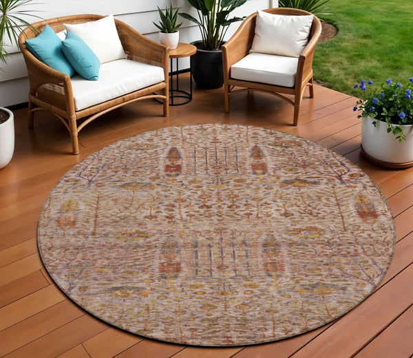 HomeRoots 8' Round Floral Rug in Terra Cotta & Beige - Washable, Durable Indoor/Outdoor Area Carpet for Any Space 630323