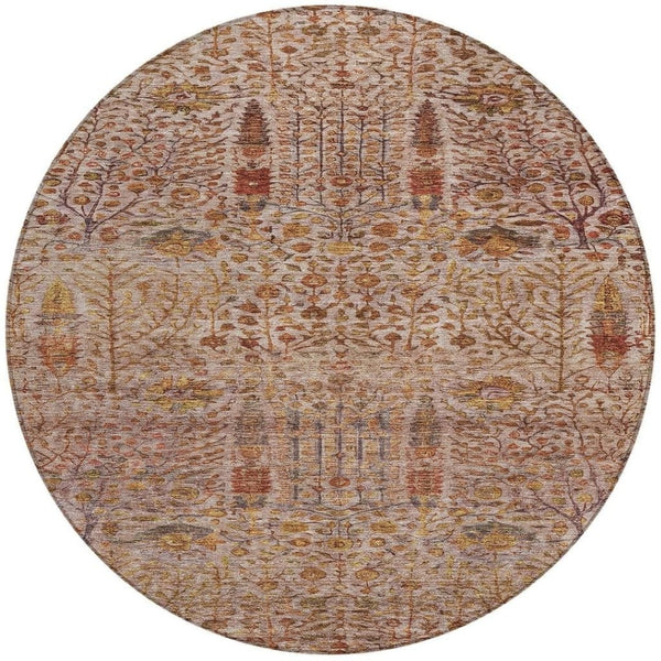 HomeRoots 8' Round Floral Rug in Terra Cotta & Beige - Washable, Durable Indoor/Outdoor Area Carpet for Any Space 630323