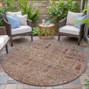 HomeRoots 8' Round Floral Rug in Terra Cotta & Beige - Washable, Durable Indoor/Outdoor Area Carpet for Any Space 630323