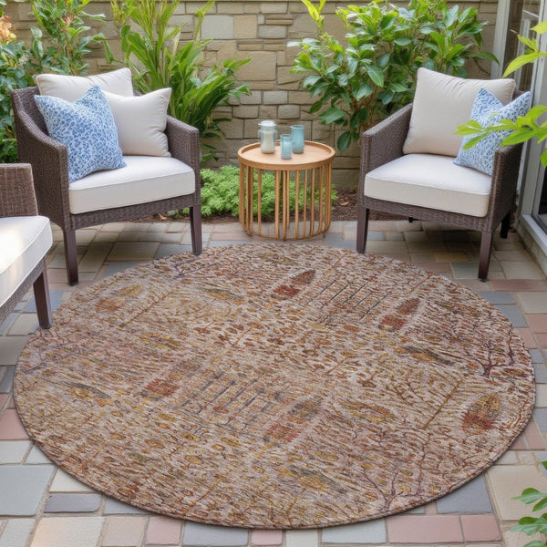 HomeRoots 8' Round Floral Rug in Terra Cotta & Beige - Washable, Durable Indoor/Outdoor Area Carpet for Any Space 630323