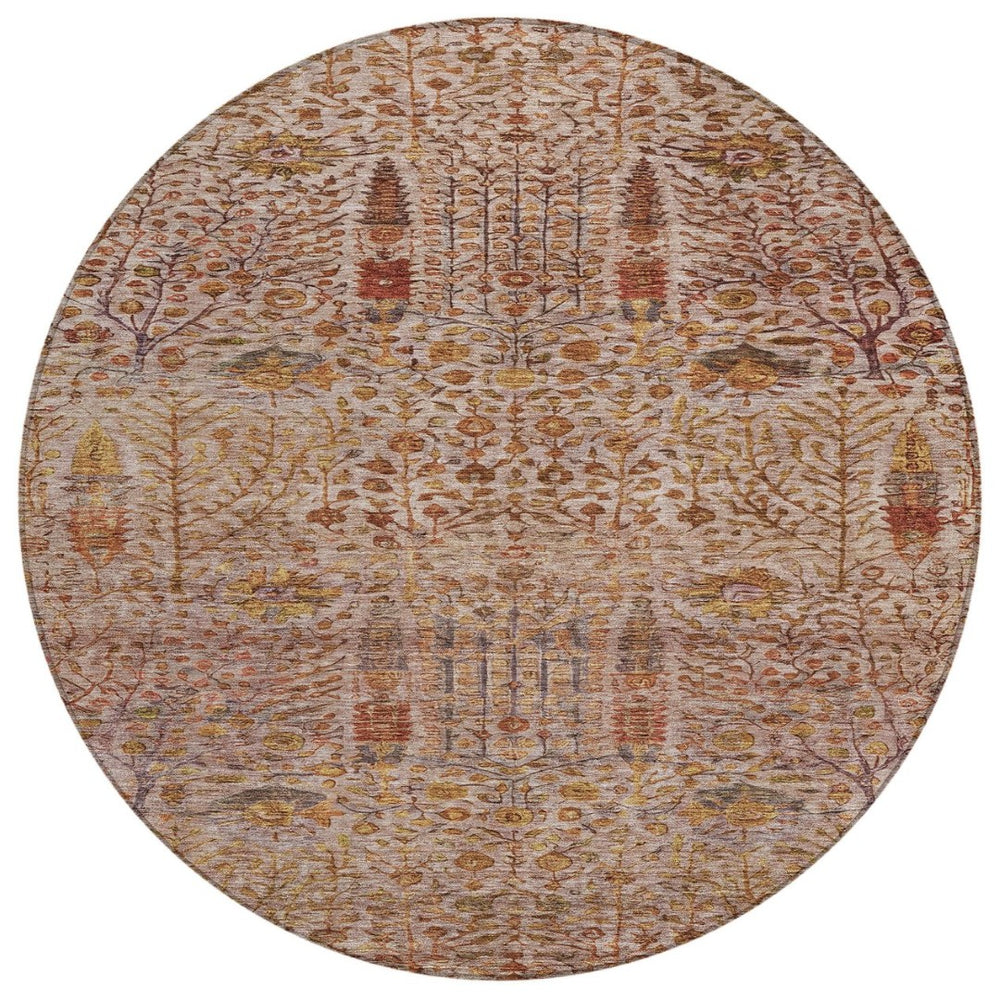 HomeRoots 8' Round Floral Rug in Terra Cotta & Beige - Washable, Durable Indoor/Outdoor Area Carpet for Any Space 630323