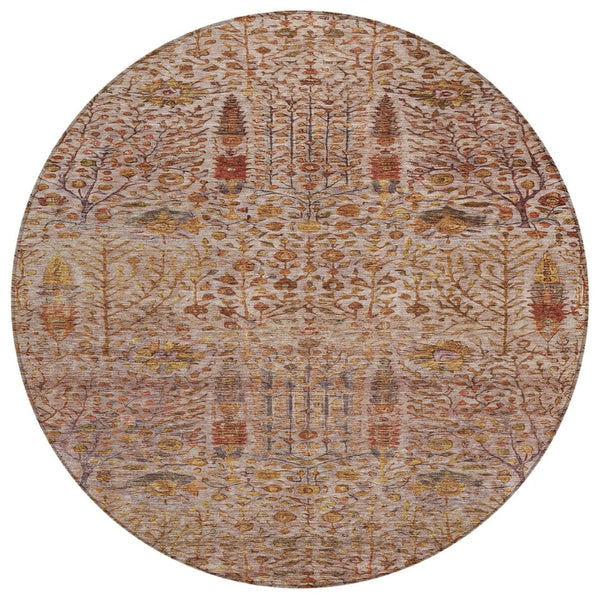 HomeRoots 8' Round Floral Rug in Terra Cotta & Beige - Washable, Durable Indoor/Outdoor Area Carpet for Any Space 630323