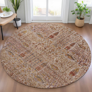 HomeRoots 8' Round Floral Rug in Terra Cotta & Beige - Washable, Durable Indoor/Outdoor Area Carpet for Any Space 630323