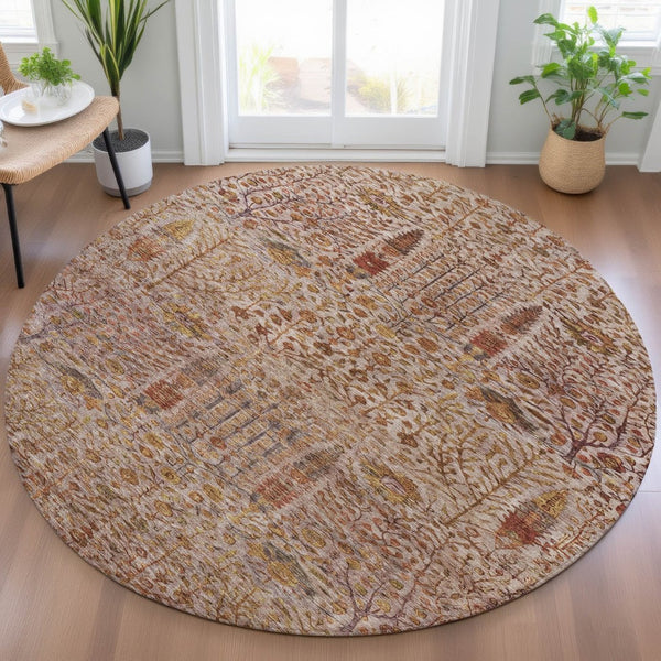 HomeRoots 8' Round Floral Rug in Terra Cotta & Beige - Washable, Durable Indoor/Outdoor Area Carpet for Any Space 630323