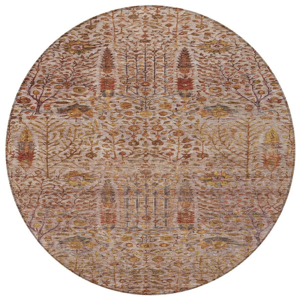 HomeRoots 8' Round Floral Rug in Terra Cotta & Beige - Washable, Durable Indoor/Outdoor Area Carpet for Any Space 630323