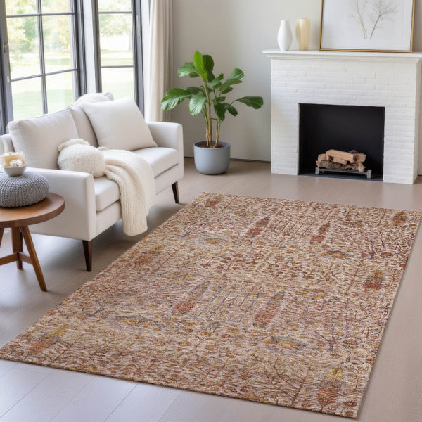 HomeRoots 9' X 12' Stylish Terra Cotta and Beige Floral Area Rug - Durable, Washable for Indoor & Outdoor Use 630325