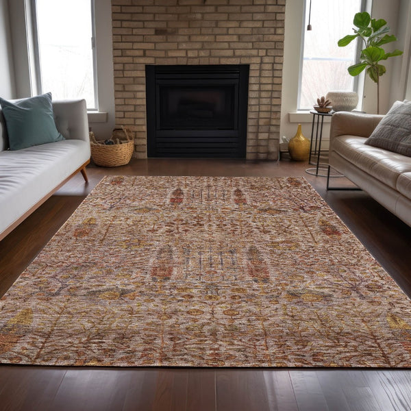 HomeRoots 10' Floral Terra Cotta and Beige Washable Area Rug – Durable Indoor/Outdoor Comfort for High Traffic Spaces 630326