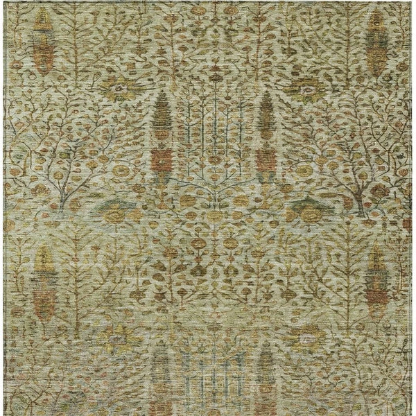 HomeRoots 5' Washable Wheat and Fern Green Floral Area Rug – Stylish Indoor/Outdoor Design for Any Space 630328