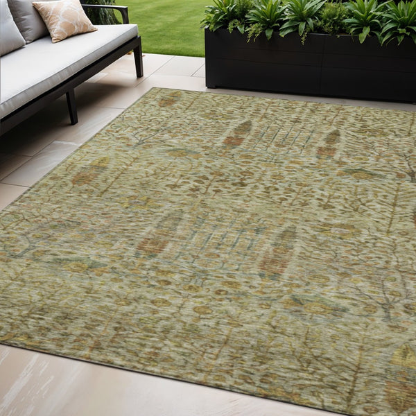 HomeRoots 5' Washable Wheat and Fern Green Floral Area Rug – Stylish Indoor/Outdoor Design for Any Space 630328