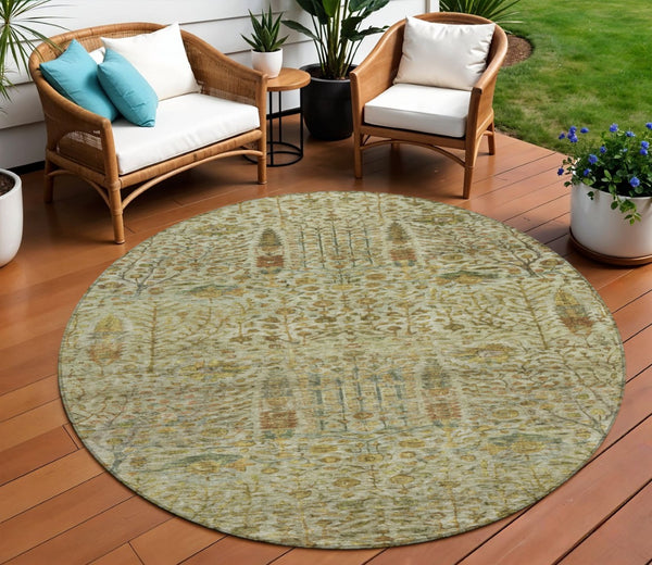 HomeRoots 8' Wheat and Fern Green Round Floral Rug – Durable, Washable Design for Indoor and Outdoor Spaces 630329