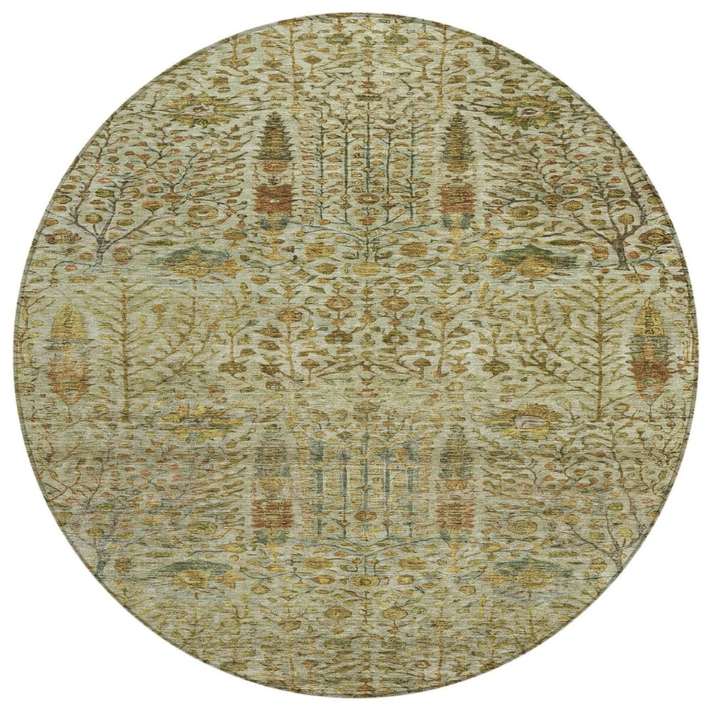 HomeRoots 8' Wheat and Fern Green Round Floral Rug – Durable, Washable Design for Indoor and Outdoor Spaces 630329