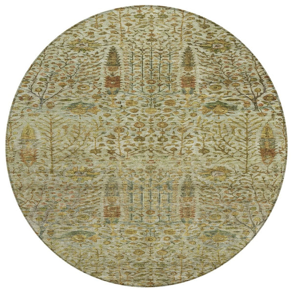 HomeRoots 8' Wheat and Fern Green Round Floral Rug – Durable, Washable Design for Indoor and Outdoor Spaces 630329