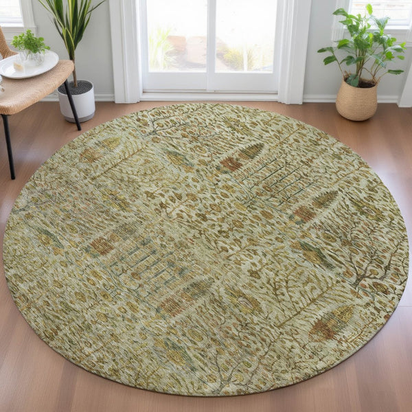 HomeRoots 8' Wheat and Fern Green Round Floral Rug – Durable, Washable Design for Indoor and Outdoor Spaces 630329