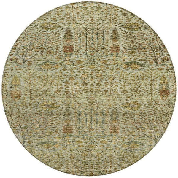 HomeRoots 8' Wheat and Fern Green Round Floral Rug – Durable, Washable Design for Indoor and Outdoor Spaces 630329