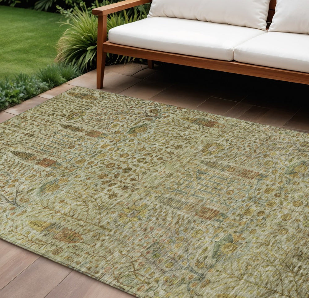 HomeRoots 10' Indoor Outdoor Floral Area Rug - Washable Wheat & Fern Green, Durable, Stain-Resistant Design 630332