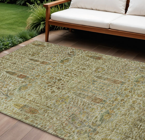 HomeRoots 10' Indoor Outdoor Floral Area Rug - Washable Wheat & Fern Green, Durable, Stain-Resistant Design 630332