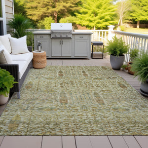 HomeRoots 10' Indoor Outdoor Floral Area Rug - Washable Wheat & Fern Green, Durable, Stain-Resistant Design 630332
