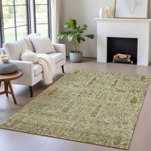 HomeRoots 10' Indoor Outdoor Floral Area Rug - Washable Wheat & Fern Green, Durable, Stain-Resistant Design 630332