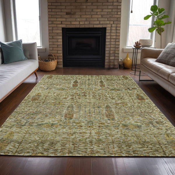 HomeRoots 10' Indoor Outdoor Floral Area Rug - Washable Wheat & Fern Green, Durable, Stain-Resistant Design 630332