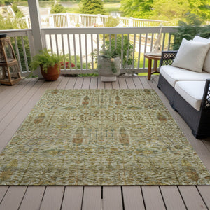 HomeRoots 10' Indoor Outdoor Floral Area Rug - Washable Wheat & Fern Green, Durable, Stain-Resistant Design 630332