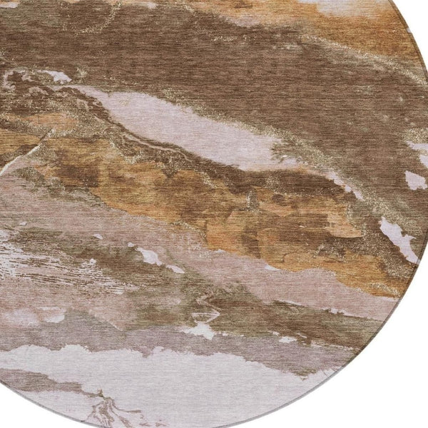 HomeRoots 8' Brown and Silver Round Abstract Rug – Washable, Stain-Resistant, Ideal for Indoor/Outdoor Spaces 630335