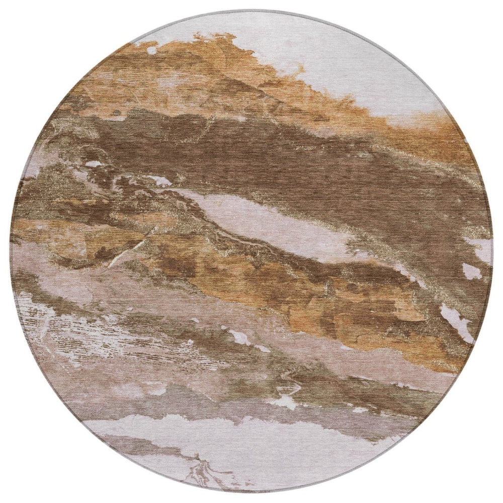 HomeRoots 8' Brown and Silver Round Abstract Rug – Washable, Stain-Resistant, Ideal for Indoor/Outdoor Spaces 630335